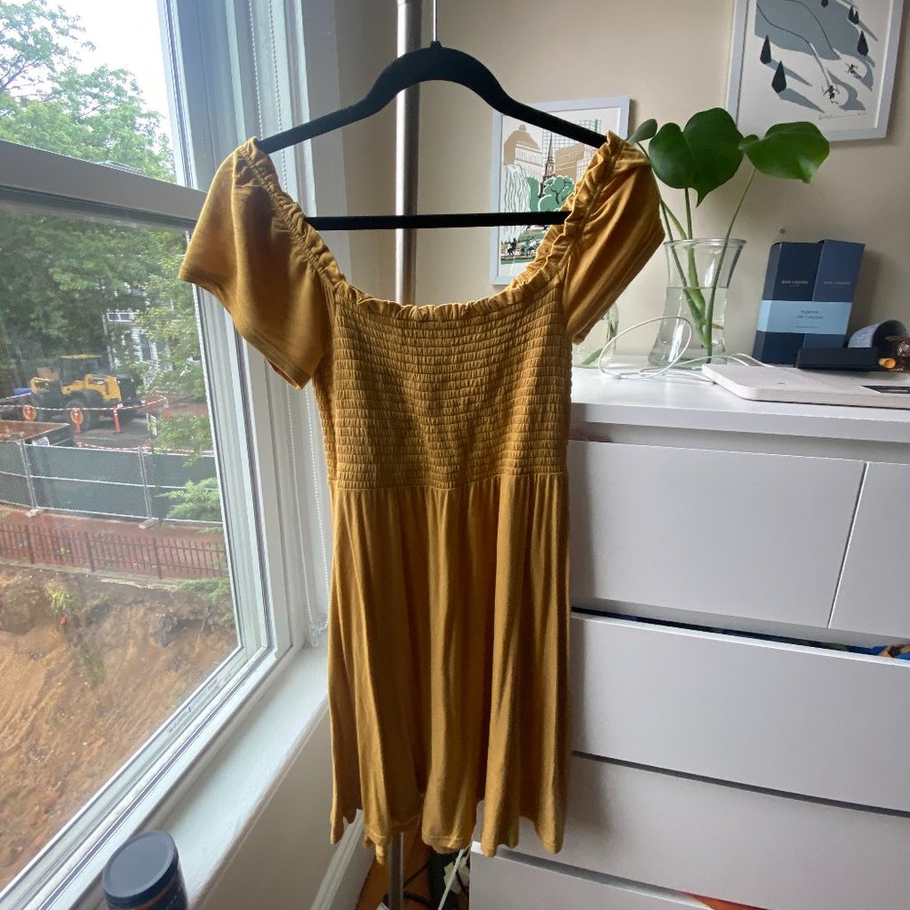 Gap smocked mini dress in golden yellow